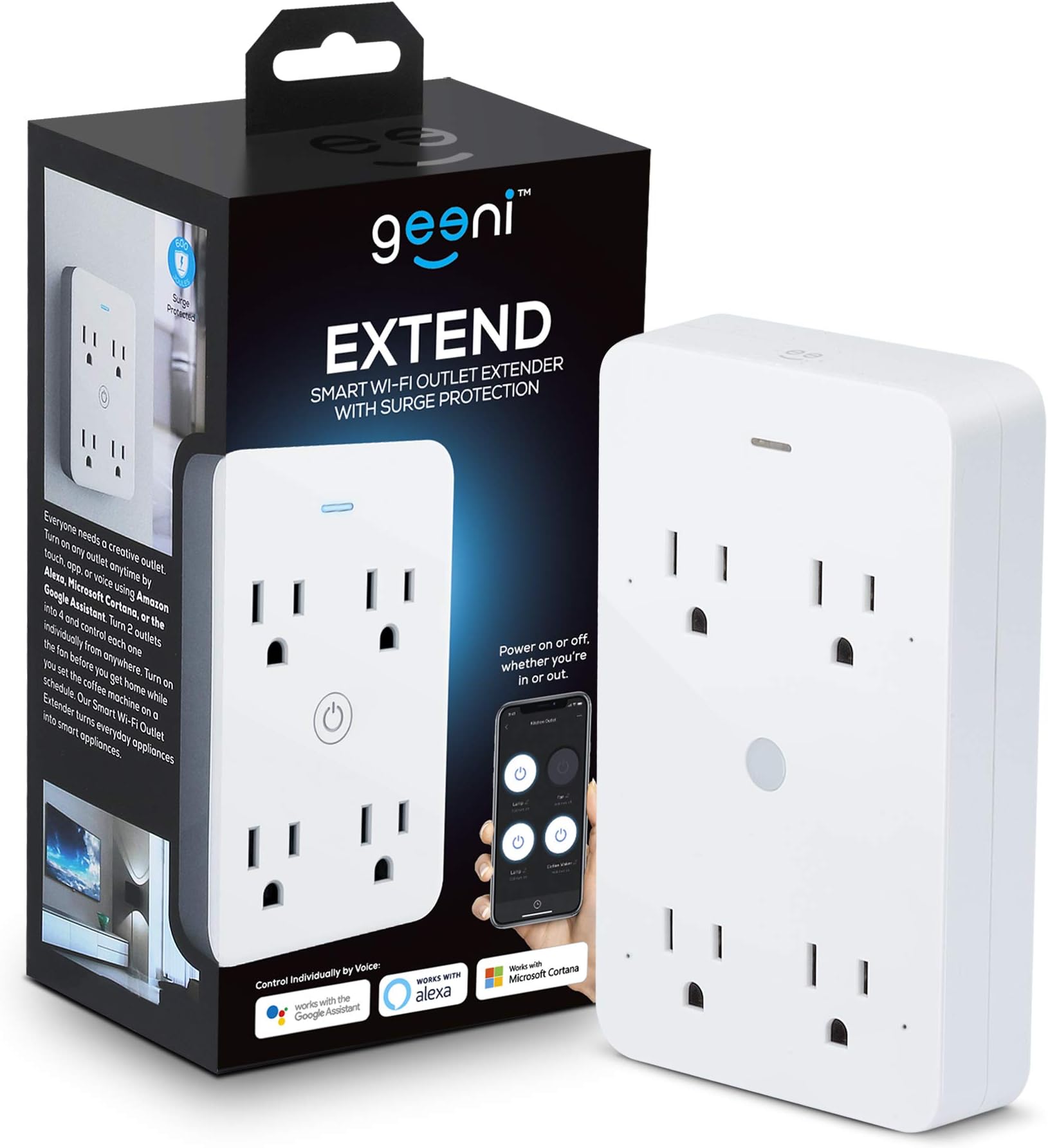 Geeni Smart Wi-Fi 4 Outlet Plug with Surge Protection, – No Hub Required – Compatible with Alexa, Google Home, White – 1-Pack