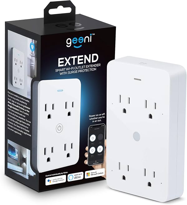 Enchufe Inteligente Geeni Wi-Fi de 4 Salidas, Protección contra Sobretensiones, Fácil Instalación, 1 Unidad | Compatible con Alexa y Google Home, convierte 2 salidas en 4, blanco, Wi-Fi de 2.4 GHz