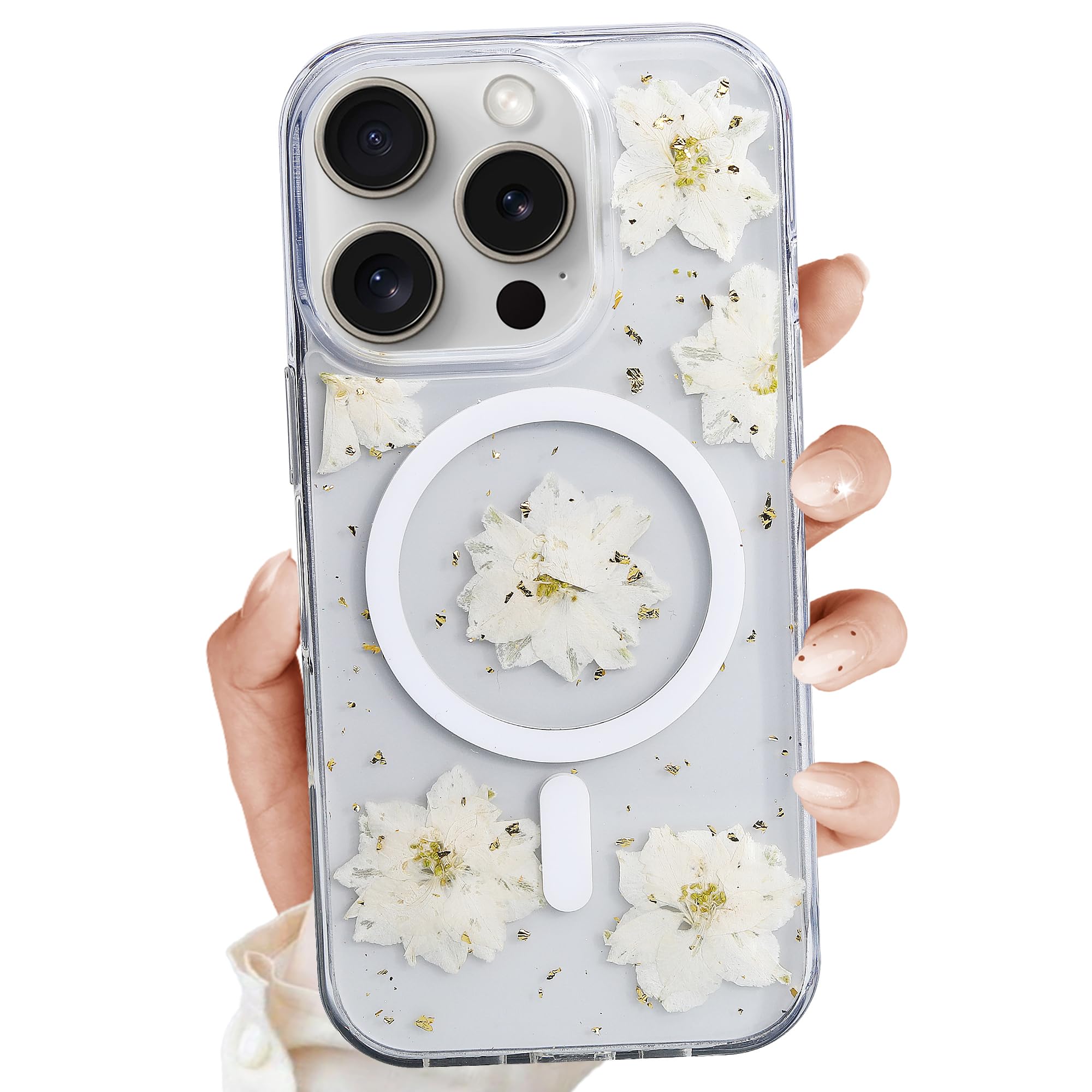 Clear Case for iPhone 14 Pro,Magnetic Flower Phone Case with Pressed Real Flowers Design,Glitter Cute Floral Pattern Soft TPU Protective Women Girl's