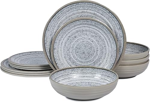 Juego de vajilla de melamina de 12 piezas, servicio para 4 platos y cuencos, apto para lavavajillas, estante superior, juego de platos sin BPA para