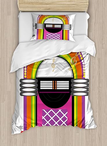 Miniatura 32 de Ambesonne Jukebox Duvet Cover Set, Digital Retro Print Party Themed Old Antique Music Radio, Decorative 3 Piece Bedding Set with 2 Pillow Shams,