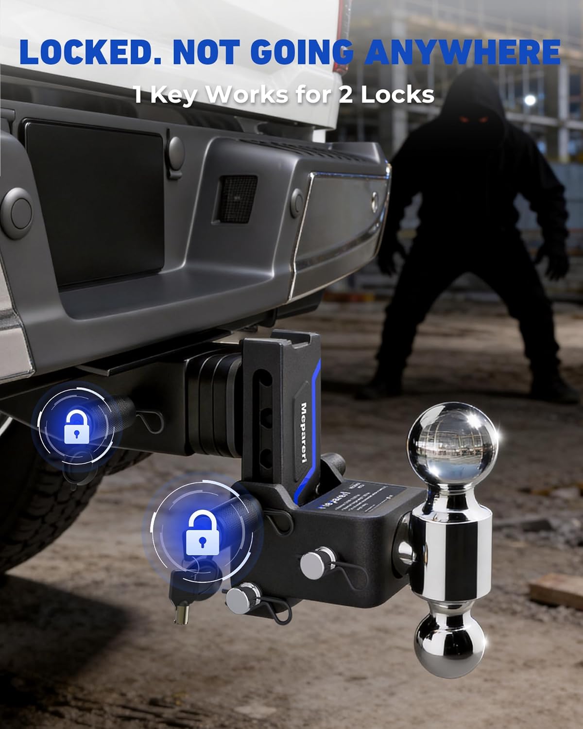 Adjustable Trailer Hitch, Heavy Duty Tow Hitch Fits 2.5" Receiver, Dual Ball (2" x 2-5/16"), 5" Drop, 19,000 GTW, with Dual Locking Pins