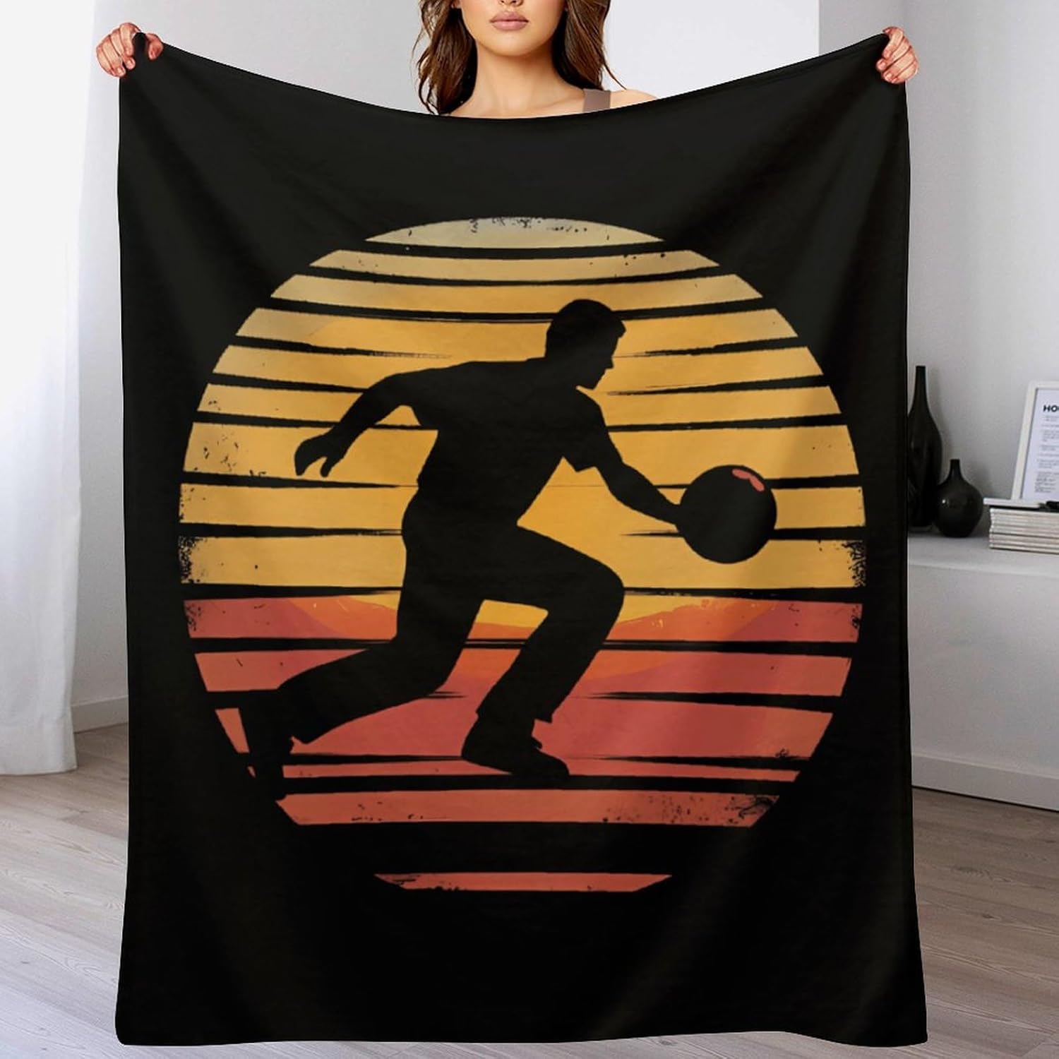 Vintage Man Silhouette Bowling Printed Throw Blanket Cozy Flannel Blankets Lightweight for Couch Sofa Bed Decor