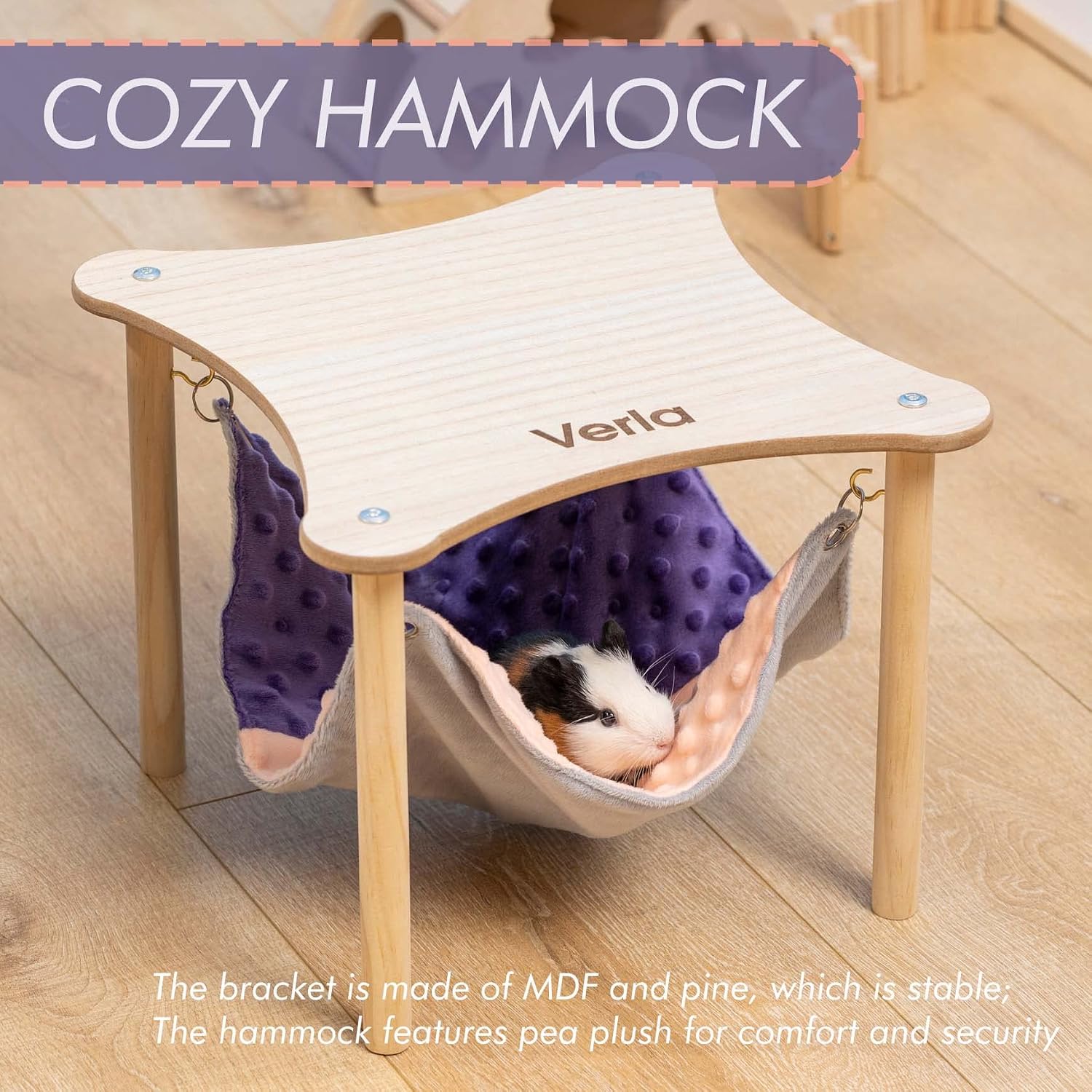 Guinea Pig Hideout, Hammock with Wooden Stand and MDF Platform for Small Animal Warm Hanging Bed Tunnel for Piggies Dwarf Rabbit Chinchilla Ferrets in Enclosure Cage Habitat, No harm Kiln-Dried Pine