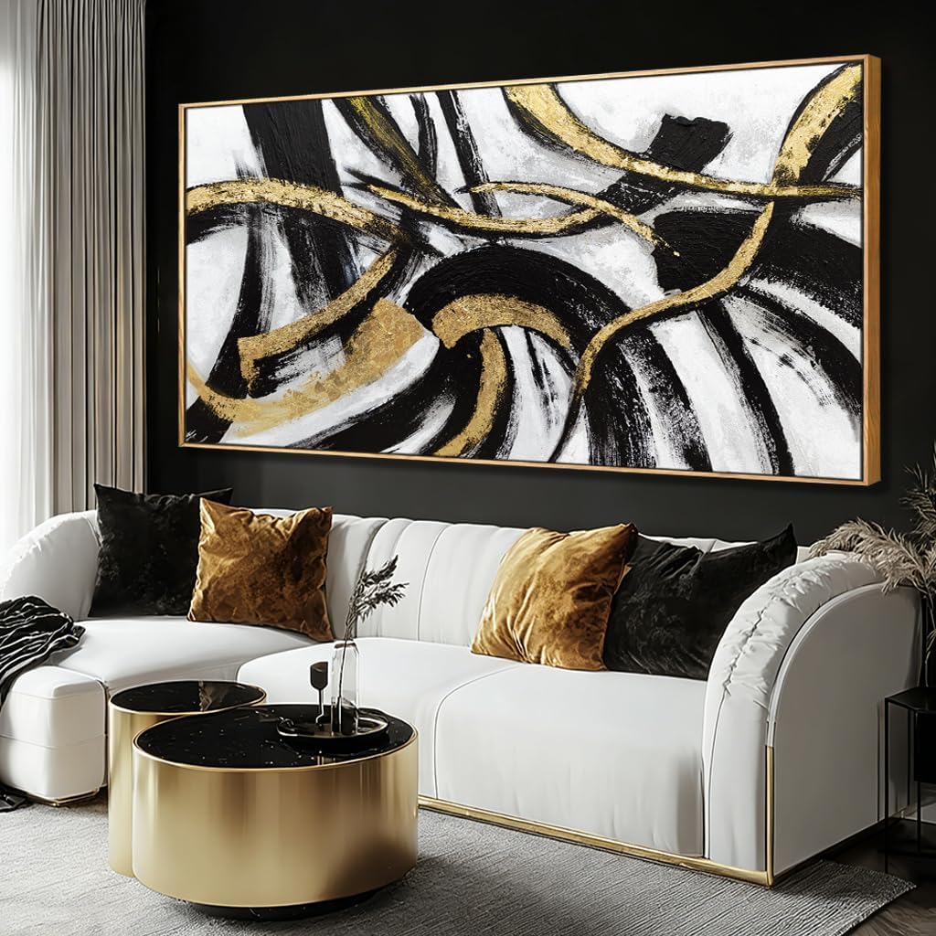 Kureful White Abstract Canvas Wall Art Gold Modern Artwork Black Line Prints Textures Picture for Walls Arts Posters for Office Bedroom Home 29"x58"