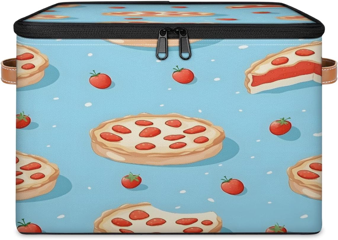 Storage Bin Set of 2 Strawberry Pizza Storage Basket with Zipper Lid & Handle Foldable Closet Shelf 2 Pack Cloth Organizer Basket Cube Bins Clothes Organizer for Bedroom, Nursery