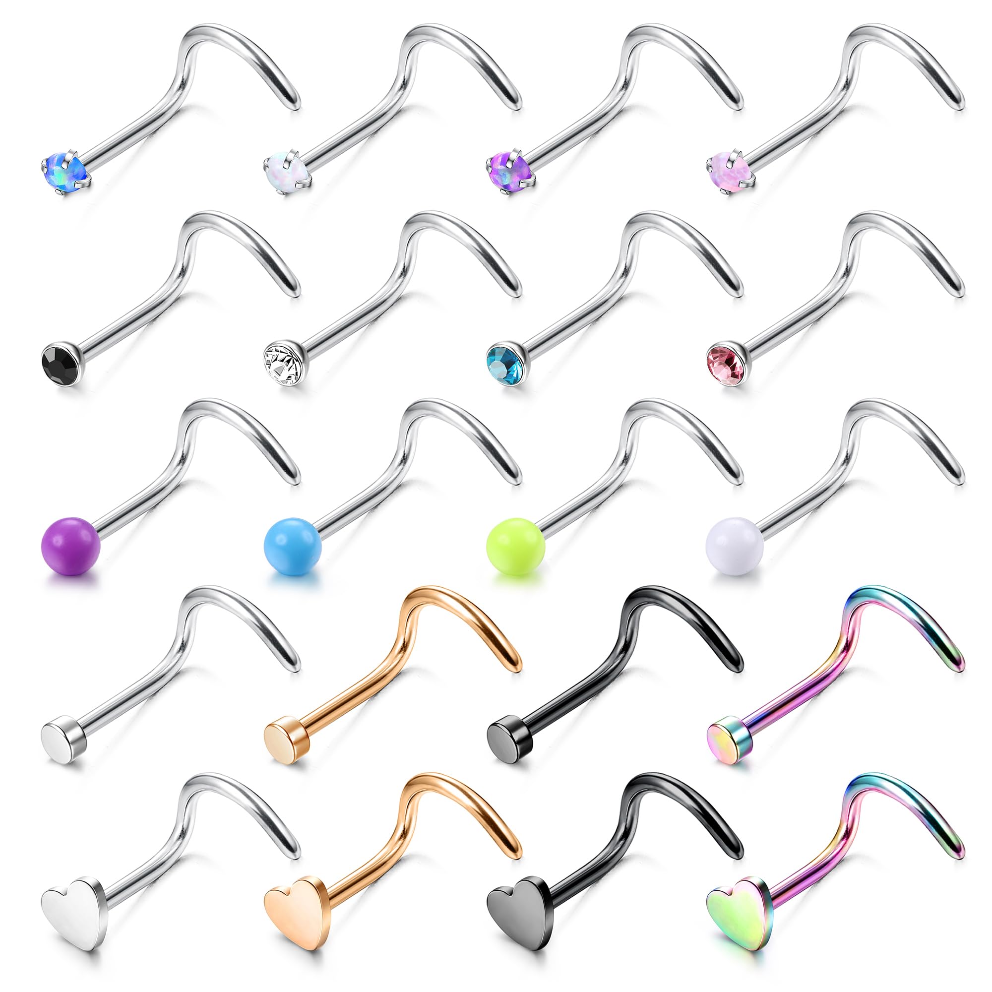 Chriscoco 20G Piercing Nariz Acero Quirurgico Titanio Piercing Nariz Plata Tornillo Hueso en Forma de L Nariz Anillo Diamond CZ Ópalo Bola Plana Nariz Piercing Para Mujer Hombre