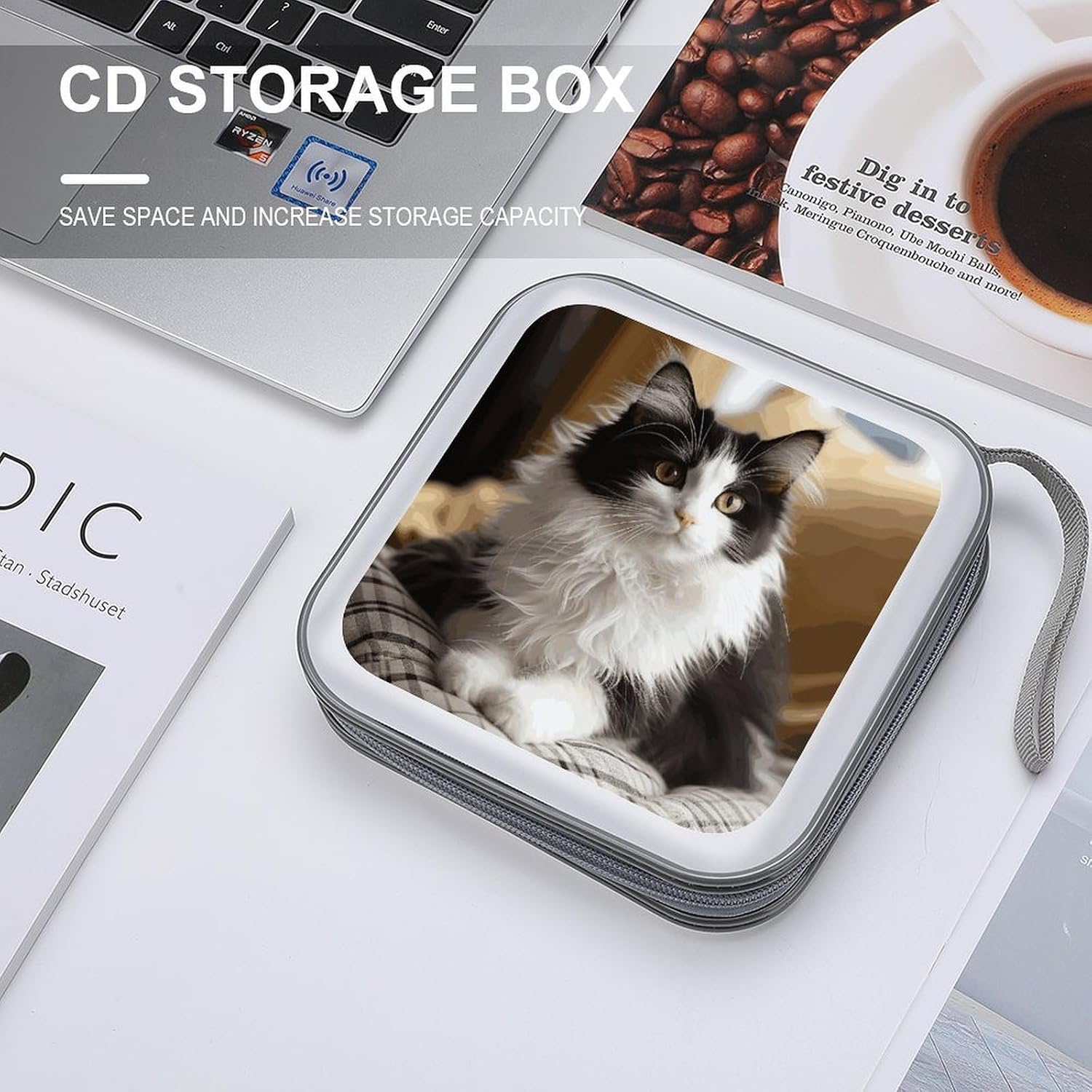 White And Black Kitten Sitting CD Case Binder for Travel Car DVD Storage Case DVD Storage Bag with Handles Cover CD Storage Binder for Blu-ray Movie Music Audio Disks 40 Disc Units