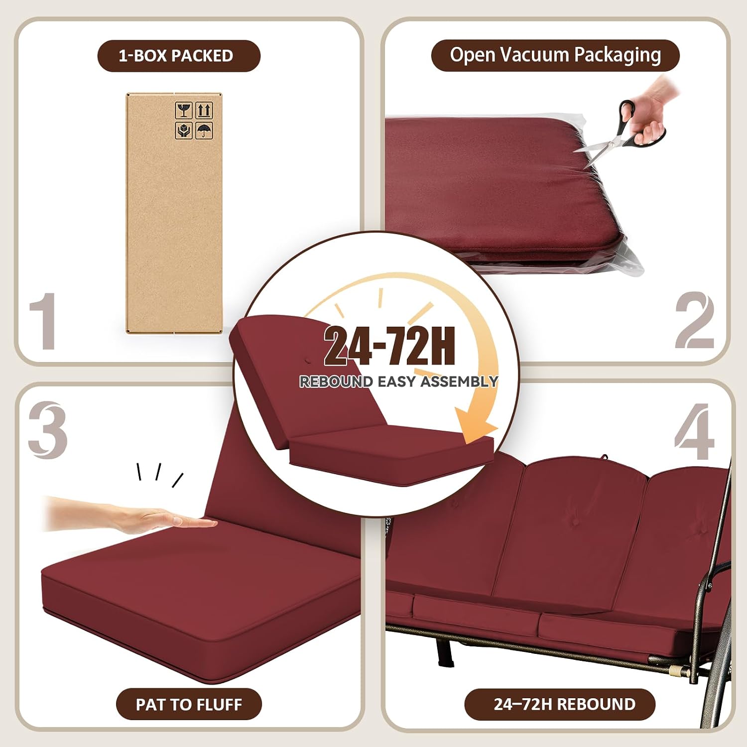 Outdoor Porch Swing Cushions 3 Seater, Replacement Cushions for Outdoor Swing, Patio Swing Cushion 25D Foam (Red, 61.5x39x3in)