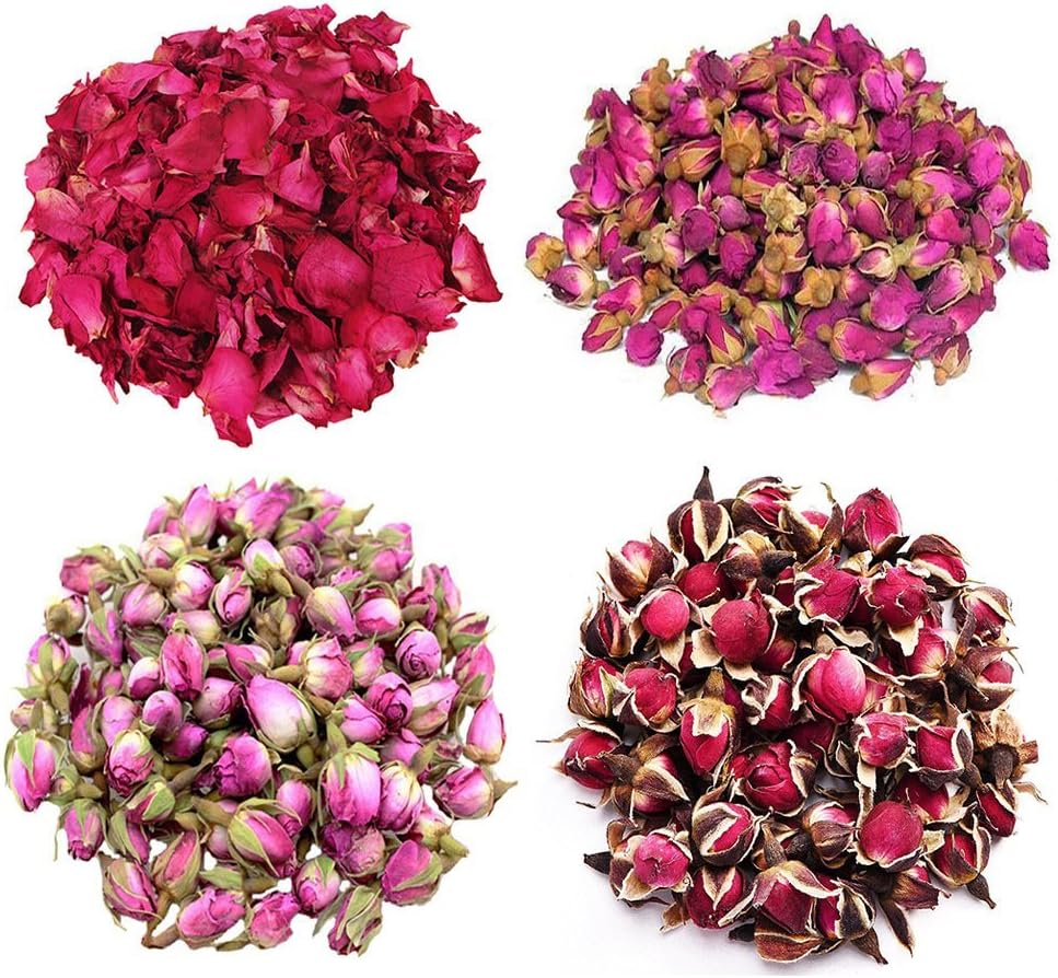 TooGet Flower Petals and Buds Variety Rose 4 Bags Includes Rose Peta Flowers Buds Rosa Damascena Golden-Rim Green Tea Bulk Flowers