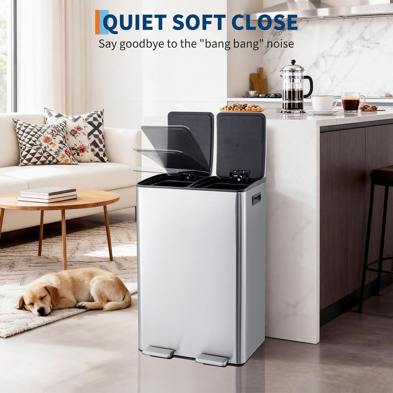 2 x 8 Gal (2 x 30L) Kitchen Dual Trash Can, Stainless Steel Double Trash Can with 2 Removable Inner Buckets, Soft-Close Lid, Double Compartment Recycling Bin for Kitchen Home Office, Silver