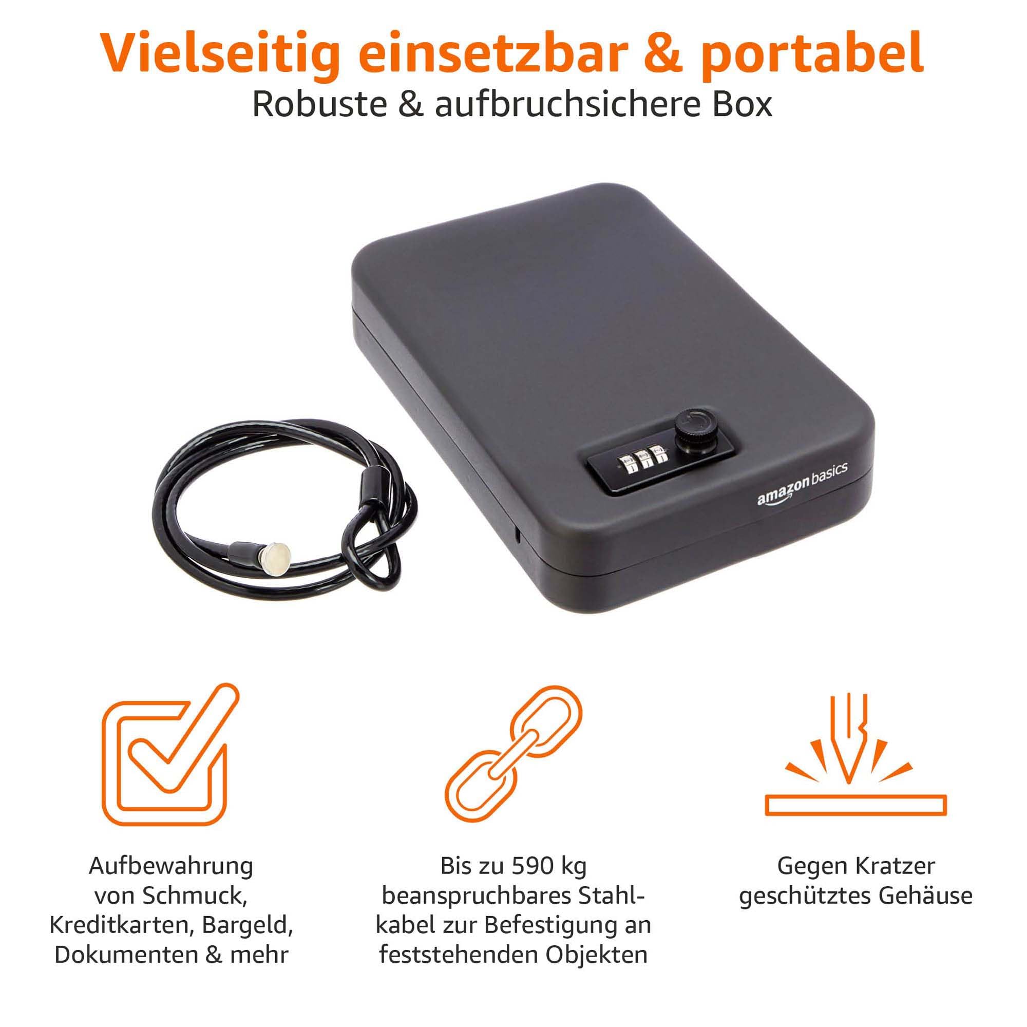 Amazon Basics Tragbarer Tresor mit Zahlenschloss für Dokumente und Schmuck, Größe L, Schwarz