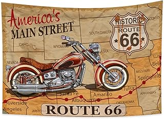 Qinunipoto タペストリー ルート66 route66 地図の柄 レトロなバイク アメリカン 米国 200x150cm アート デコレーション 多機能 おしゃれ 壁掛け インテリア 雰囲気転換 飾り 布ポスター ビデオ会議 撮影用 背景布 新居お祝い 個性ギフト ポリエステル製