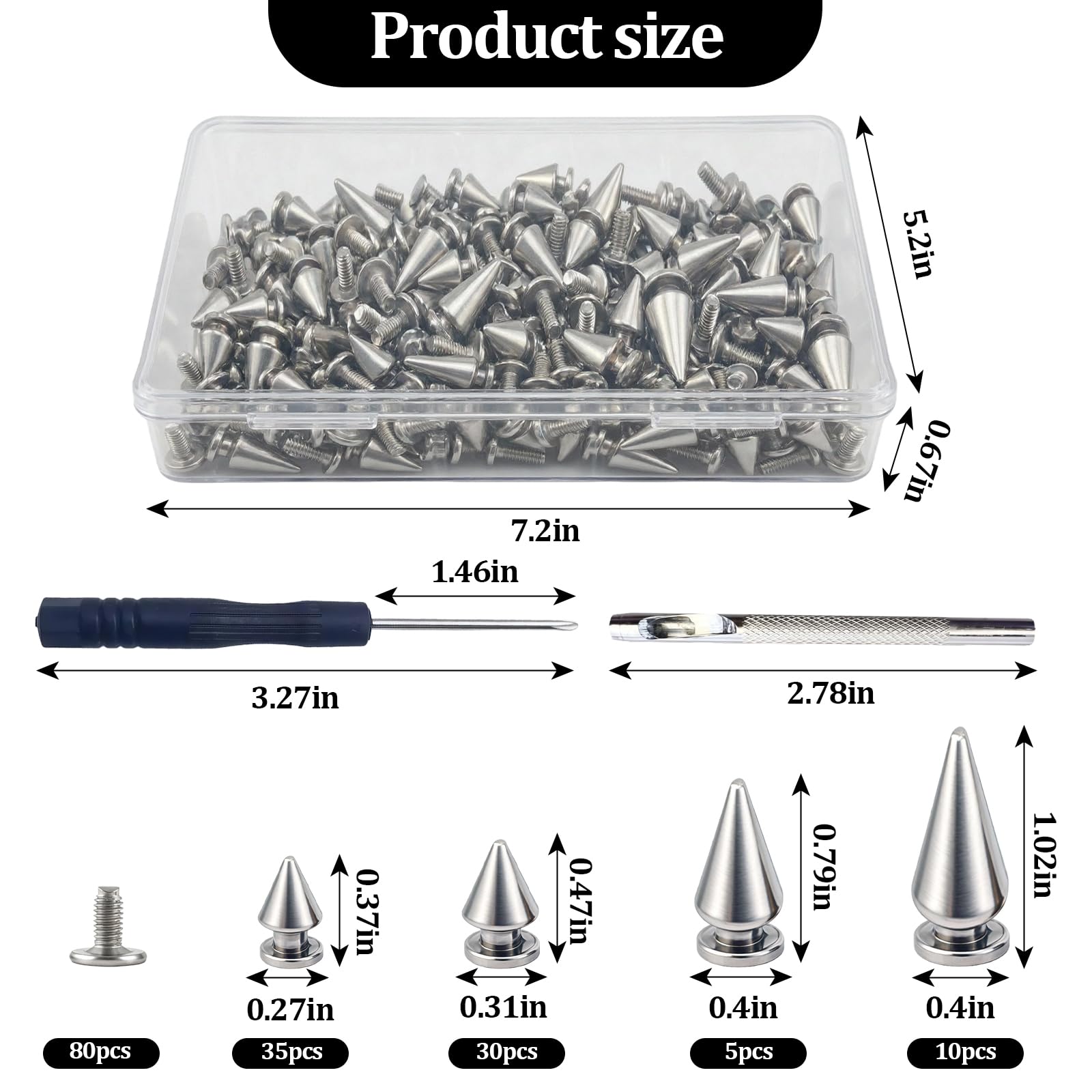 Metallkegelspikes mit Schrauben (162 Sets, 4 Größen), Schraubnieten, mehrere Größen, Baumspikes, Nieten für DIY, Punk-Stil, Leder, Gürtel und Basteldekoration (Silber)