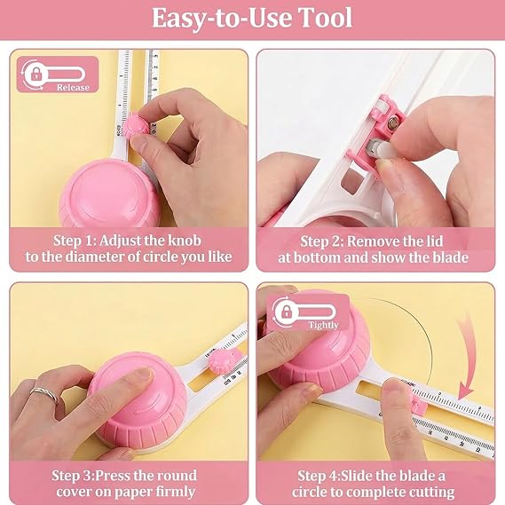 Circle Paper Cutter, Adjustable Circle Cutter Tool for Crafts, Round Paper Cutter with Dual Scale System, Mini Manual Circle Cutters for Paper With Three Replacement Blades, DIY Craft Cutting Tools