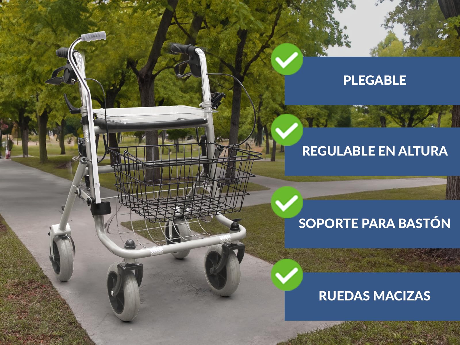 QUIRUMED - Andador con Bandeja y Canasto | Soporte para Bastón | Alta Capacidad de Carga | Ajustable en Altura y Plegable | Ideal para Personas Mayores, Gris