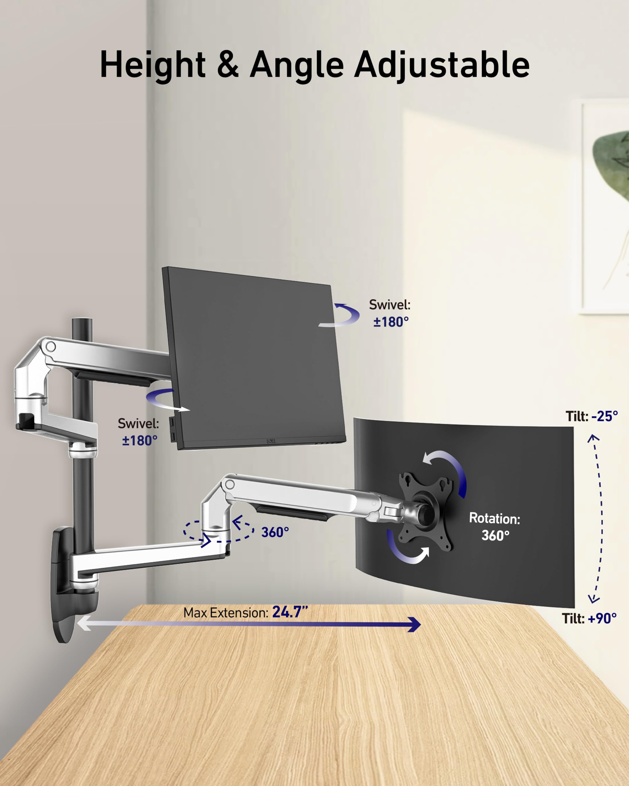 ErgoUnion Dual-Monitor-Wandhalterung für 13-38 Zoll Bildschirm bis 11 Kg, Monitorarm für 2, VESA-Wandhalterung, vollbewegliche verstellbare Computer-Monitorwandhalterung, 75x75/100x100mm, Silber