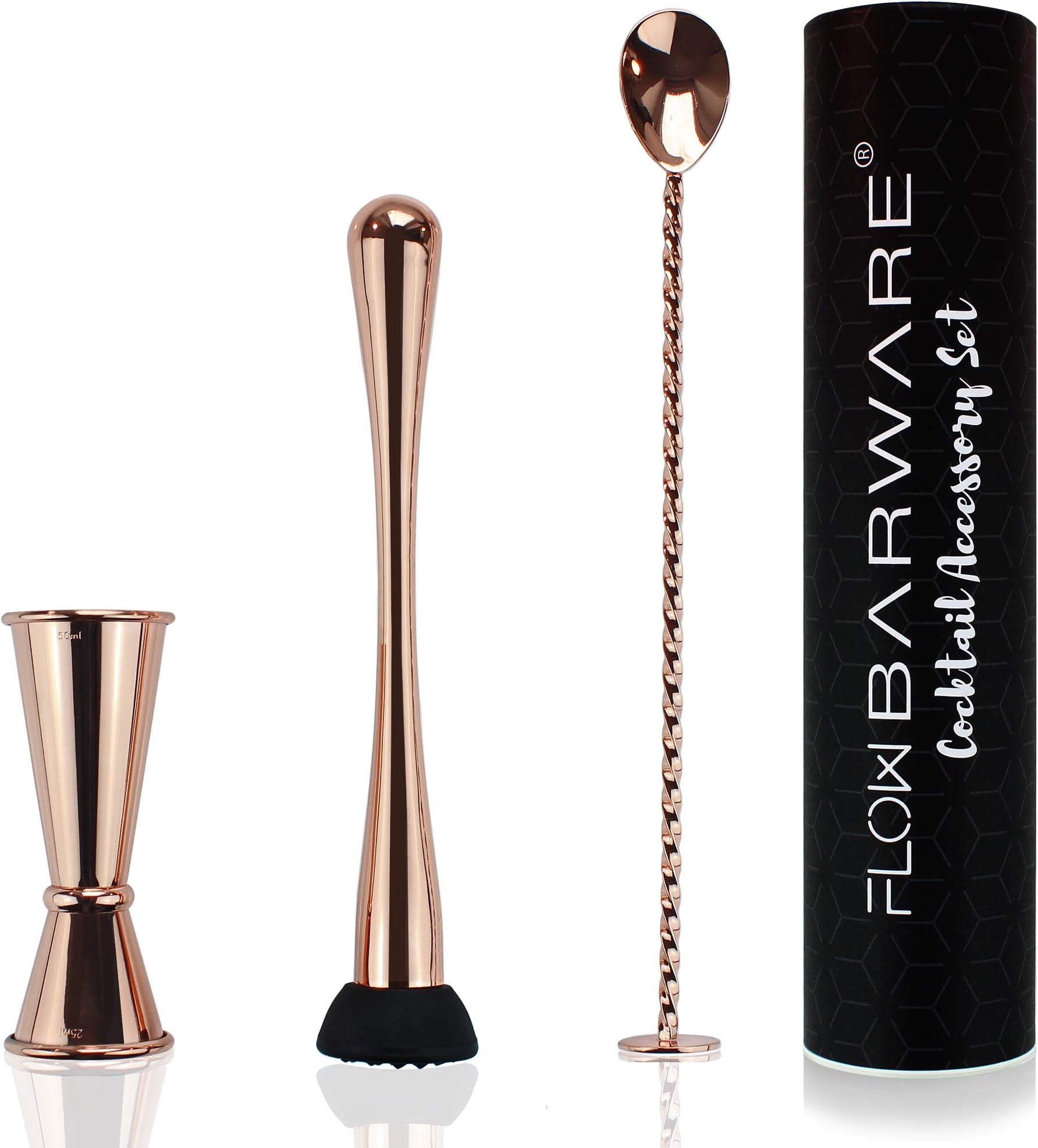 Copper Cocktail Accessory Set, Copper Japanese Double Ended Jigger, Copper Cocktail Mixing Spoon & Fruit Muddler. The Perfect Mixologists Bartender Gift Set by FLOW Barware