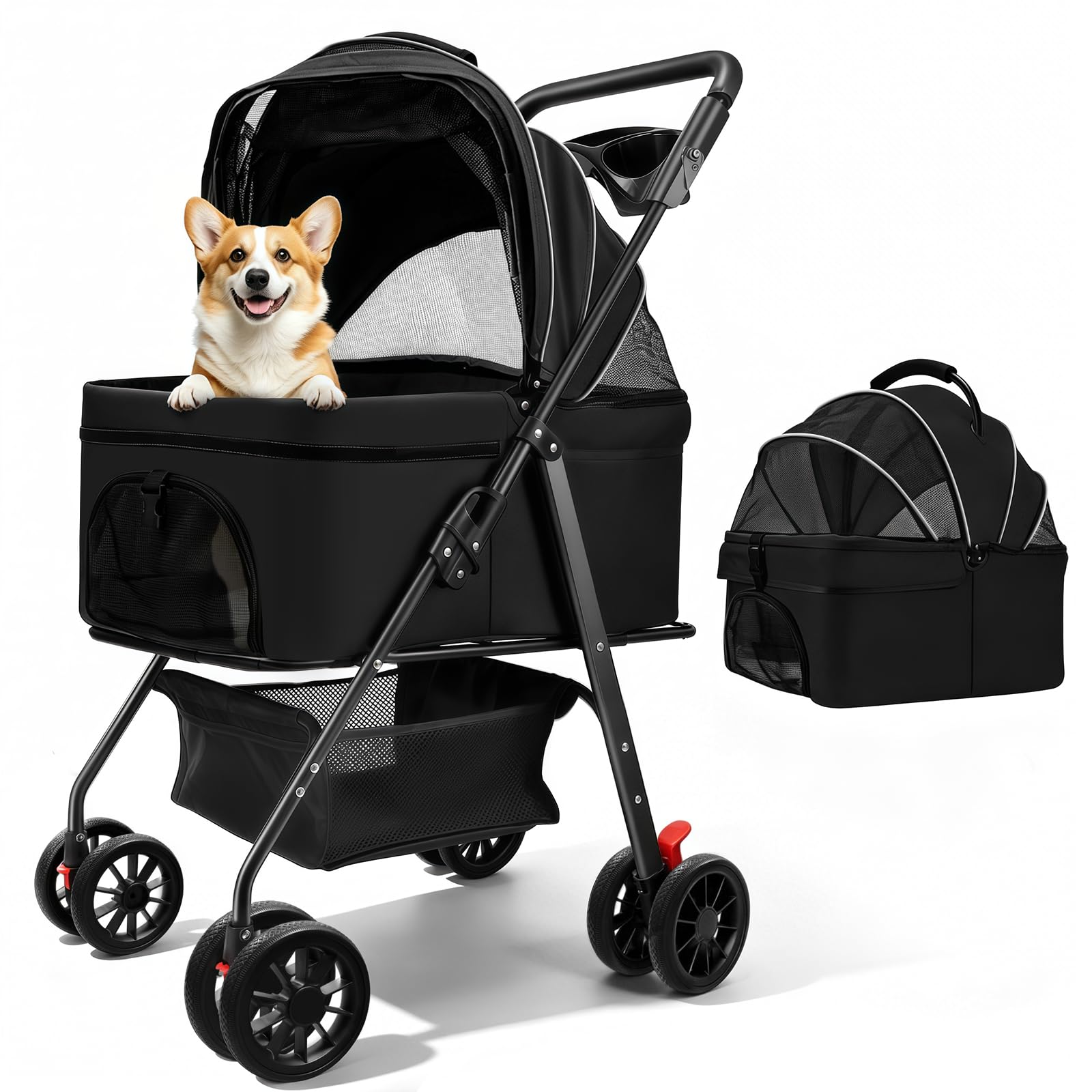Passeggino per cani e gatti di piccola taglia con 4 ruote, passeggino pieghevole 3 in 1 con trasportino staccabile, rete traspirante, cestino portaoggetti e portabicchieri, fino a 15 kg (nero)