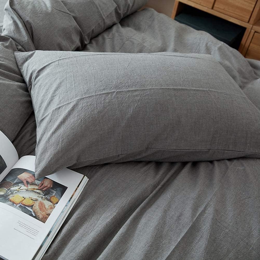 Grey Duvet Cover Queen, 100% Washed Cotton Linen Like Textured 3 Pieces Bedding Set, Solid Color Simple Style Duvet Cover, Luxury Relaxed Feel Natural Wrinkled Breathable Soft Comfy (Grey, Queen) Gray Full/Queen