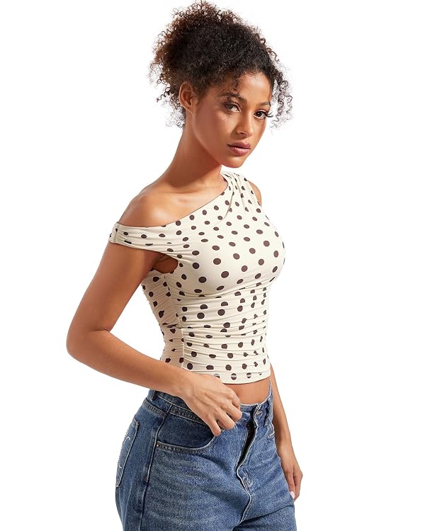 SUUKSESS Women Off Shoulder Tops Sleeveless Shirts Y2K Trendy Going Out Crop Tank Top (Cream Polka Dots,M) by SUUKSESS - Used condition - Image 2