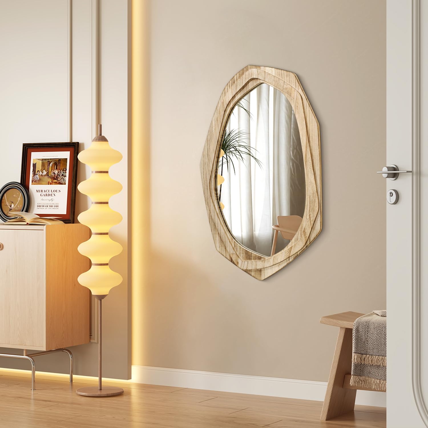 AAZZKANG Espejo de pared irregular grande con marco de madera, 70 x 45 cm, espejos colgantes asimétricos rústicos para baño, dormitorio, sala de estar, entrada