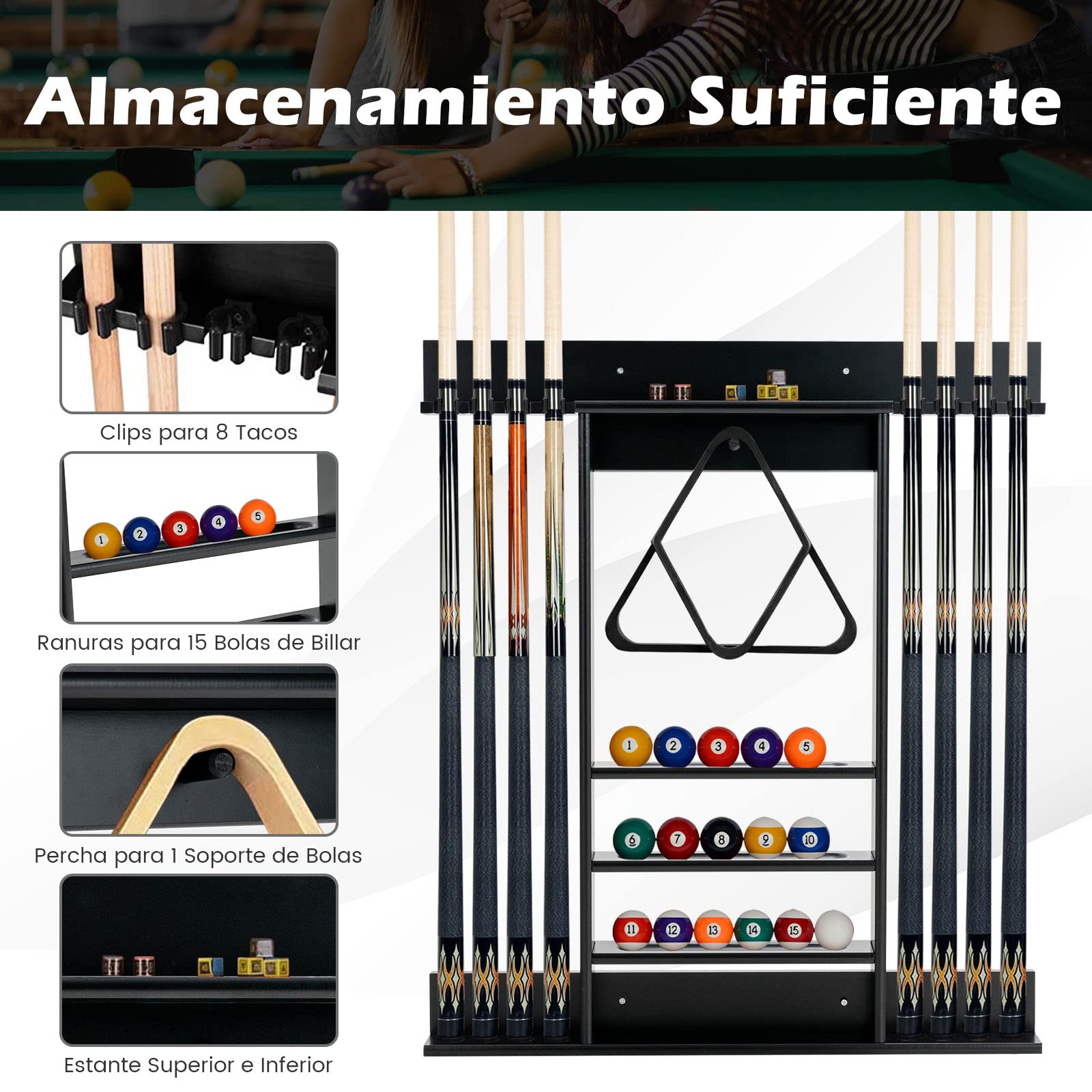 COSTWAY Billar Rack in Madera Maciz, Estante para Palos de Billar 8 Tacos, 15 Bolas de Billar, 1 Soporte para Bolas, Equipo de Billar Compacto para la Sala de Billar, Club, Bar (Negro)