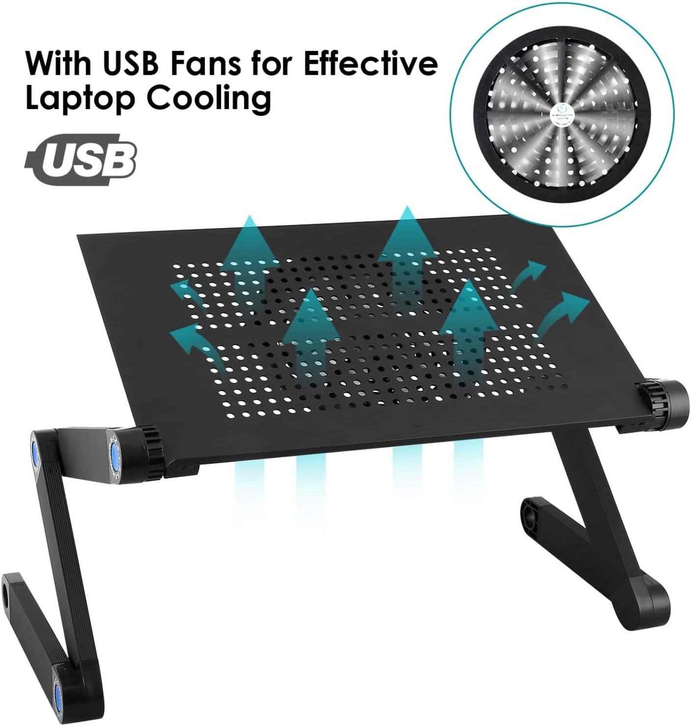 Adjustable Laptop Stand with USB Large Cooling Fan, Mbuynow Ergonomic Cozy Desk Foldable with Mouse Platform, Aluminum Laptop Table Stand Adjustable Riser for Bed & Sofa (Black)
