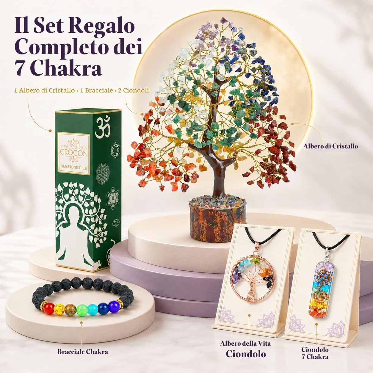 7 Chakar Albero della Vita braccialetto 7 chakra, e 2 ciondoli cristalli