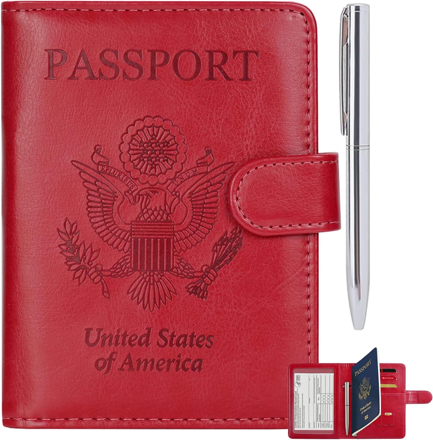 RSAquar Passport and Vaccine Card Holder Combo, Passport Holder Cover Wallet, Leather Card Case Travel Accessories with RFID Blocking for Women and Men, Rose Red RSAquar Passport and Vaccine Card Holder Combo, Passport Holder Cover Wallet, Leather Card Case Travel Accessories with RFID Blocking for Women and Men, Rose Red