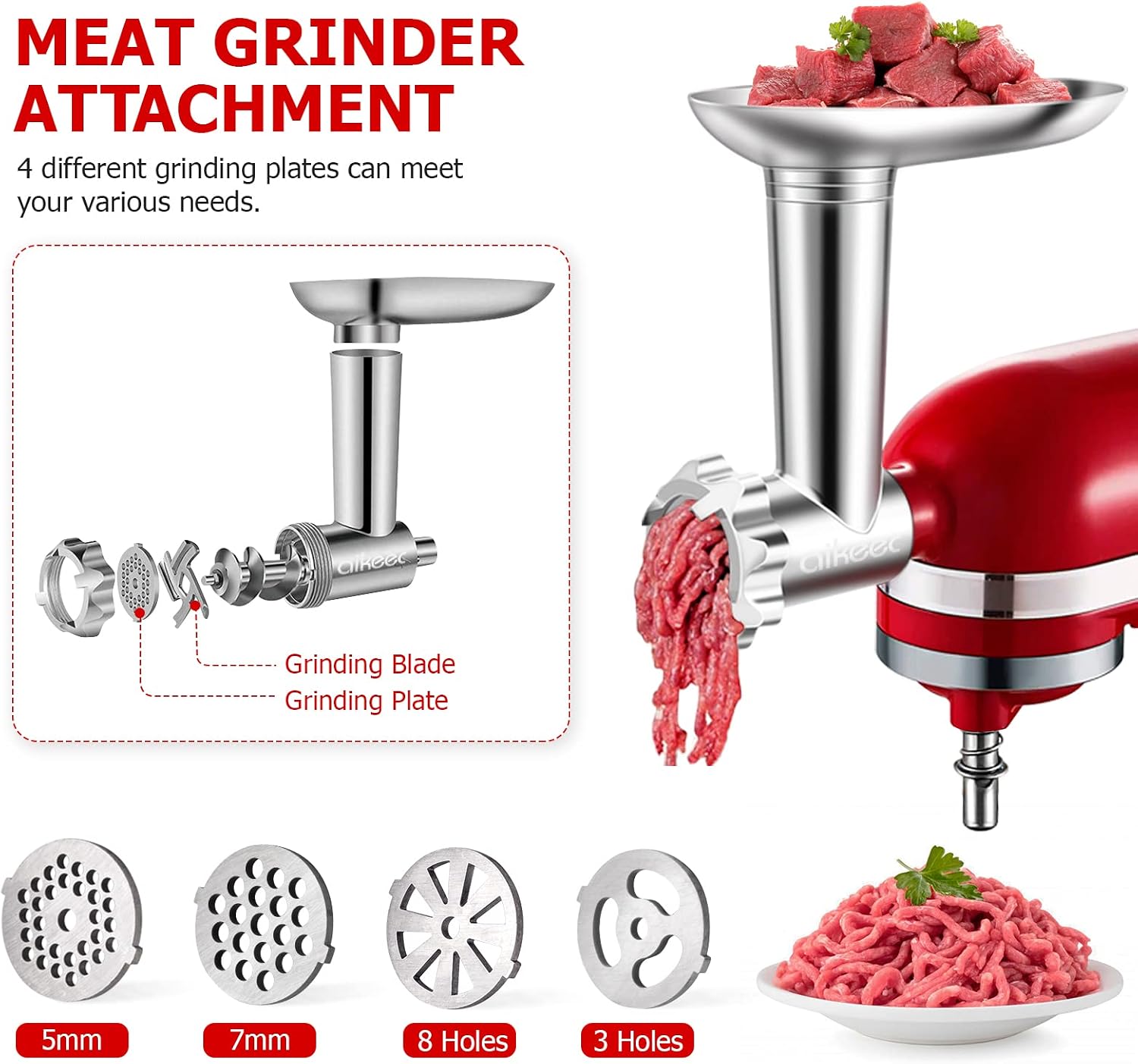 Metal Meat Grinder Attachment for Kitchen Aid Stand Mixer, Aikeec Meat Grinder Accessory for Kitchen Aid with 3 Sausage Stuffer, 3 Grinding Blades, 4 Grinding Plates (Machine/Mixer Not Included)