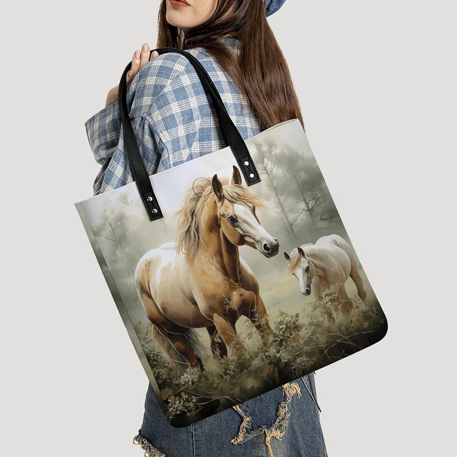 Animals Embroidery Painting Tote Bag with Magnetic Buckle Reusable Grocery Bags Lightweight Cross Body Handbag for Daily Essentials