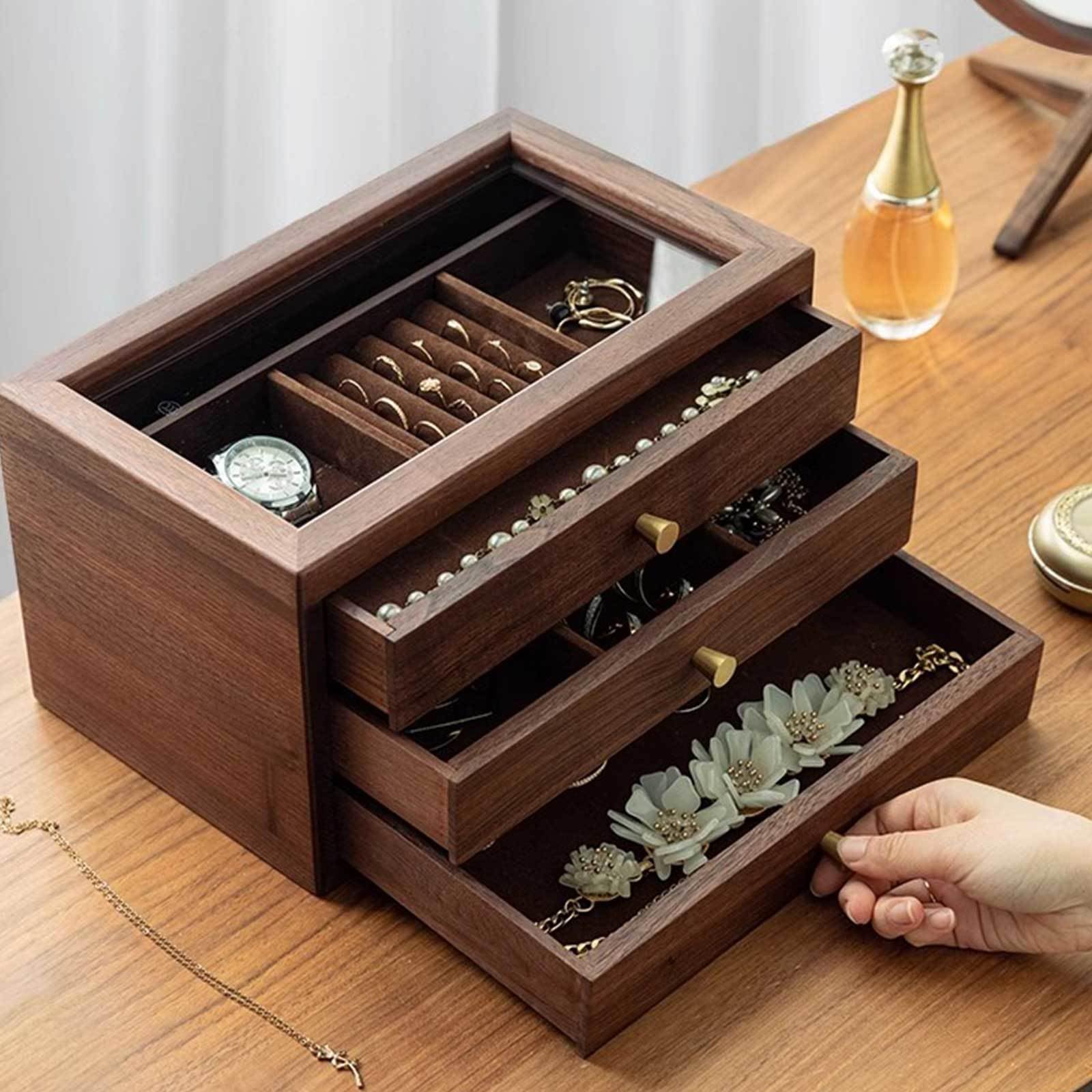 Pudełko na biżuterię, Wooden Jewelry Box With Glass Lid Organizer Drawers Multi-Compartment 3-Layer Walnut Color