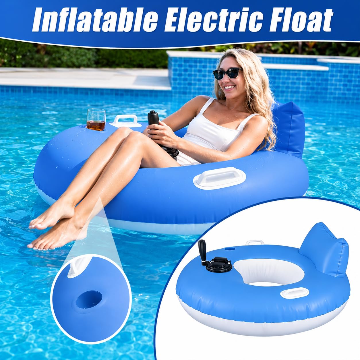 Chaise longue gonflable avec poignées poussoirs motorisées et porte-gobelet
