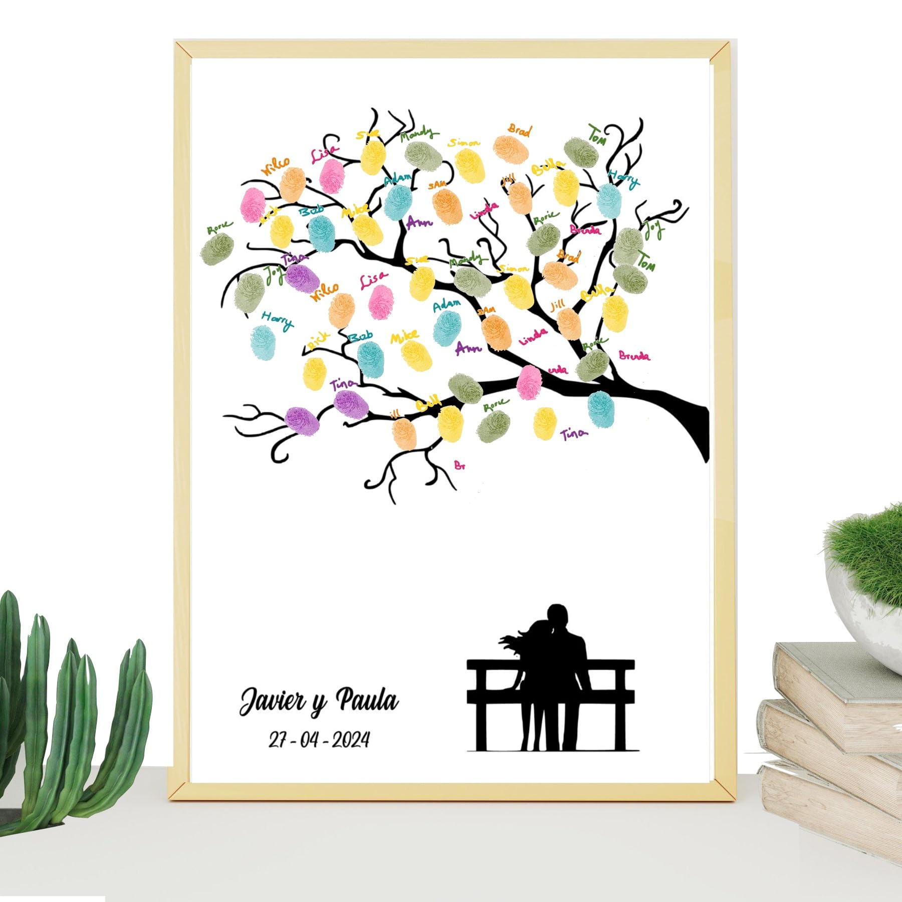 Libro Firmas Boda, Cuadro de Huellas Personalizado, Regalo Original para Novios, Incluye Marco de Madera 3 Colores, Tintas e Intrucciones. (Huellas Parque, 50 X 60 CM)