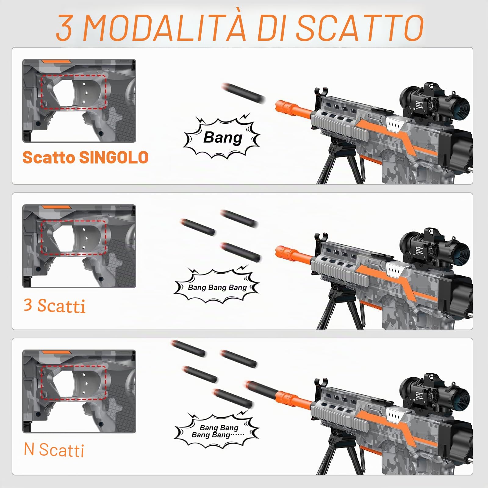 Pistola giocattolo elettrica Sniper, 3 modalità, Pistola in schiuma giocattolo automatico con portata 2 riviste, 100 freccette, fucile da cecchino elettrico giocattolo per bambini grigio