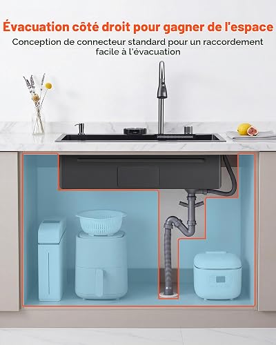 VEVOR Évier Cuisine 1 Bac, Évier à Encastrer 85 cm en Acier Inoxydable, pour Vaisselle Camping-car Buanderie Bar Maison, Bac à Laver de Cuisine avec Rebord et Accessoires, Montage Encastrable - 8