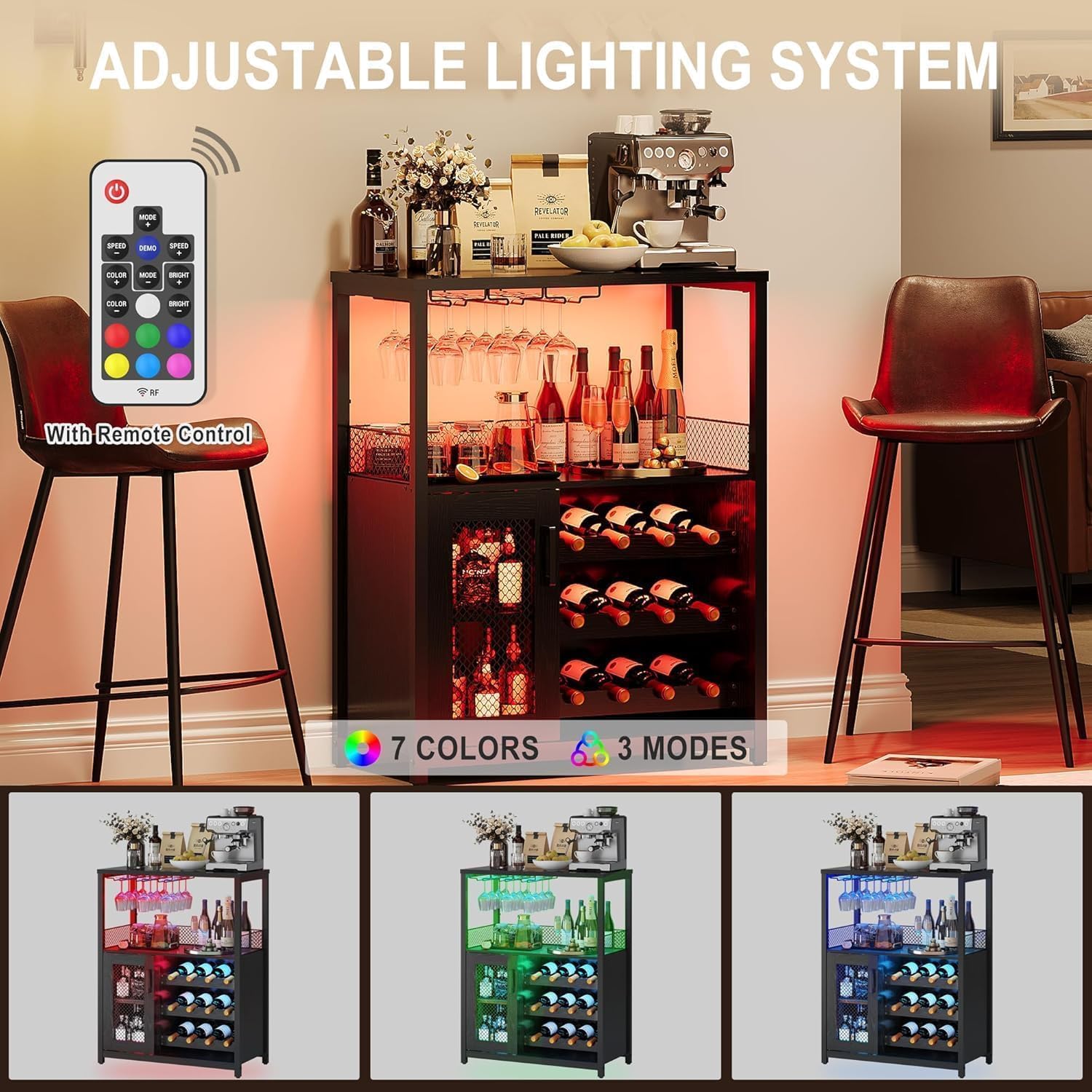 Weinlagerschrank LED Licht, höhenverstellbares Weinregal & Gläserhalter, Getränkeschrank für Küche, Esszimmer oder Wohnzimmer stilvolle Aufbewahrung für Weinflaschen, 70x35x92 cm Schwarz