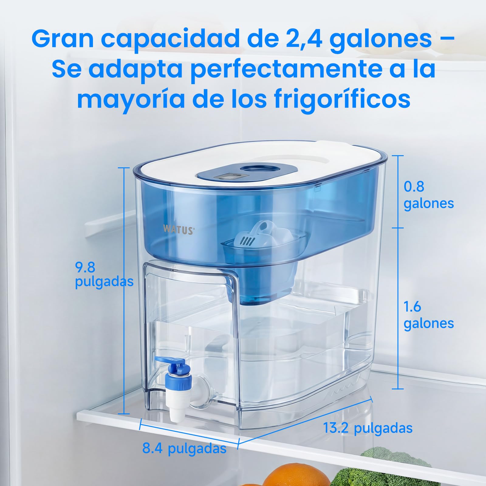 Dispensador de filtro de agua de 9 L, XXL dispensador de agua con filtro para frigorífico y encimera, jarra filtrante con grifo, incluye 1 cartucho de filtro, filtra impurezas, indicador