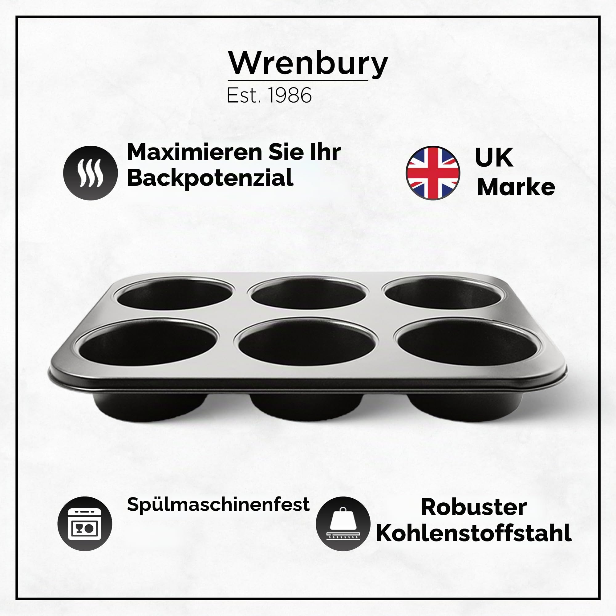 Wrenbury Jumbo Muffin-Form, 2er-Set - Antihaftbeschichtete große tiefe Muffin-Backform, 6 Mulden - Yorkshire-Pudding-Form - Riesige Cupcake-Form - PTFE-frei - 230°C ofenfest