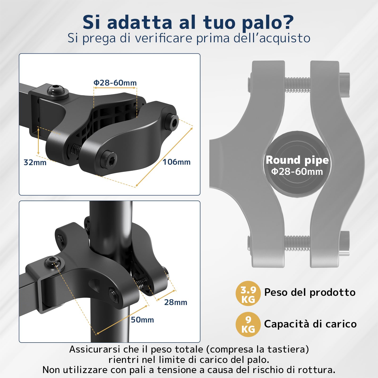 Supporto Tastiera da Palo 65,4 × 19,2 cm – Vassoio Tastiera Universale per Ø 28–60 mm, Rotazione 360° e Inclinazione Regolabile, Piattaforma Ergonomica con Gestione Cavi, Nero