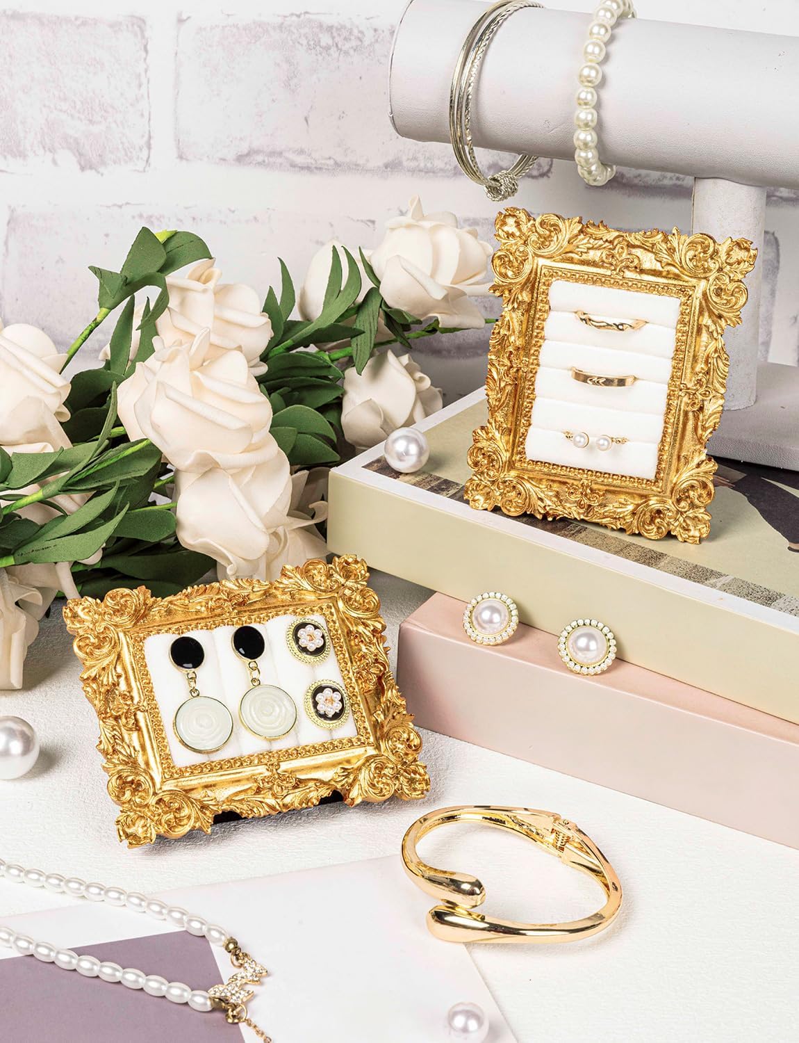 2Pcs Vintage Ring Holder Gold Oval Jewelry Display Stand