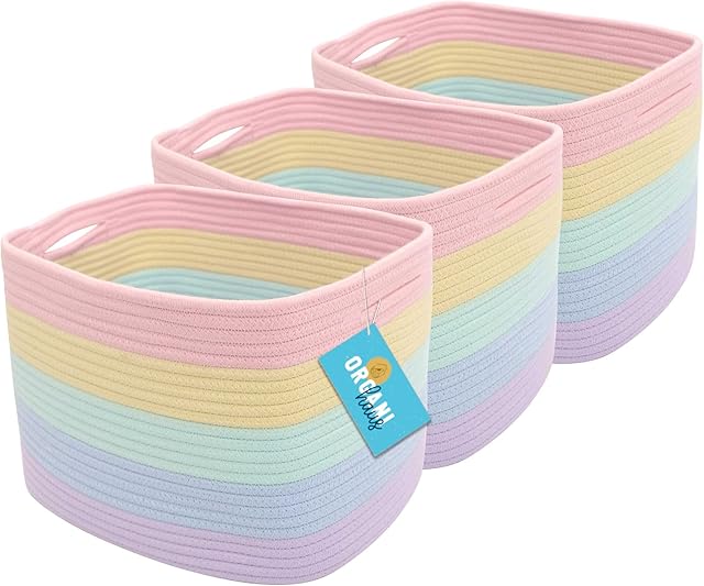 OrganiHaus Pack of 3 Rainbow Storage Boxes for Shelves | Toy Basket Storage | Small Baskets for Storage | Woven Rope Basket | Nursery & Bathroom Storage Baskets for Shelves | Clothes Storage boxes