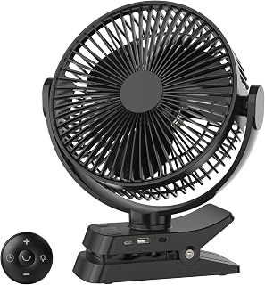 ELZO 12000mAh Camping und Tischventilator, 21 cm USB Ventilator mit LED-Licht, Haken, 360° leise mit Fernbedienung, Clip-Ventilator für Kinderwagen, Büro (Schwarz)