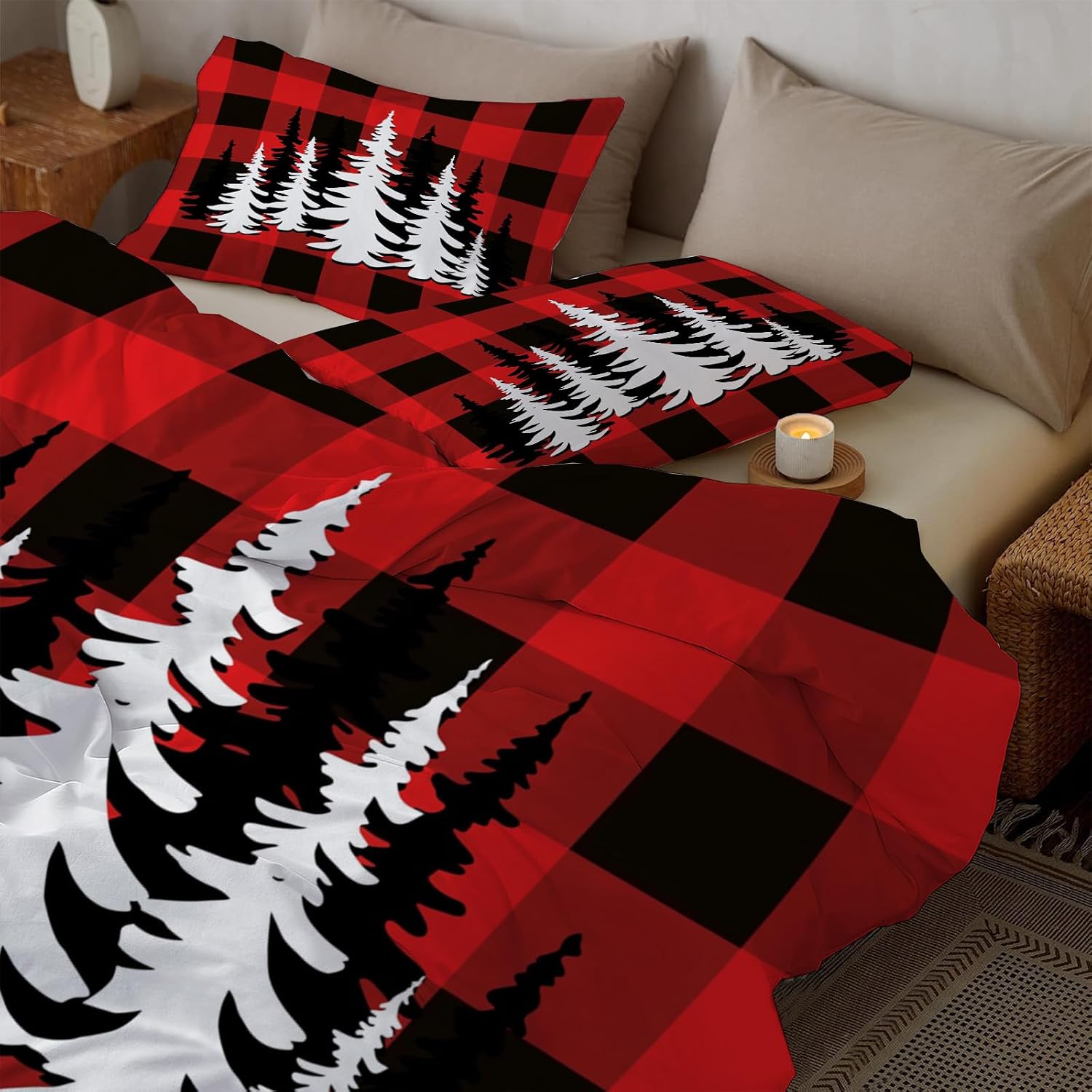Double-Sided Christmas Bedding Queen Size,3D Printed Red and white checkered Quilt Cover with Traditional festival,Reversible Soft Microfiber Duvet Cover with Zipper,Includes 1 Duvet Cover