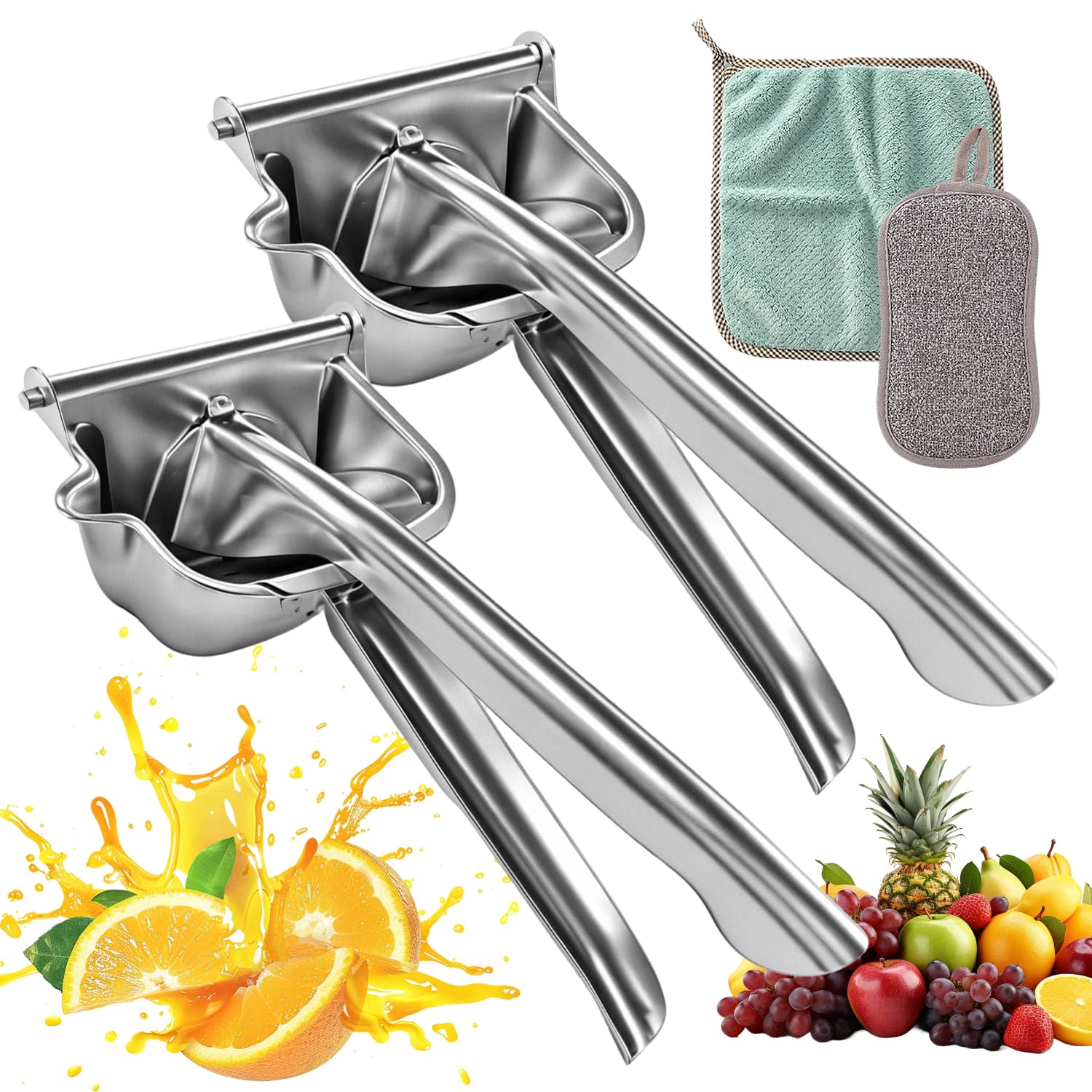 2 Piezas Acero Inoxidable 304 Exprimidor Limon Exprimidor Manual Lemon Squeezer Principio de Palanca Exprimido Eficaz Facil de Limpiar para Limones Naranjas Limas Granadas y Otras Frutas | Acero inoxidable 304 | Mango ergonómico | compacto ahorra espacio