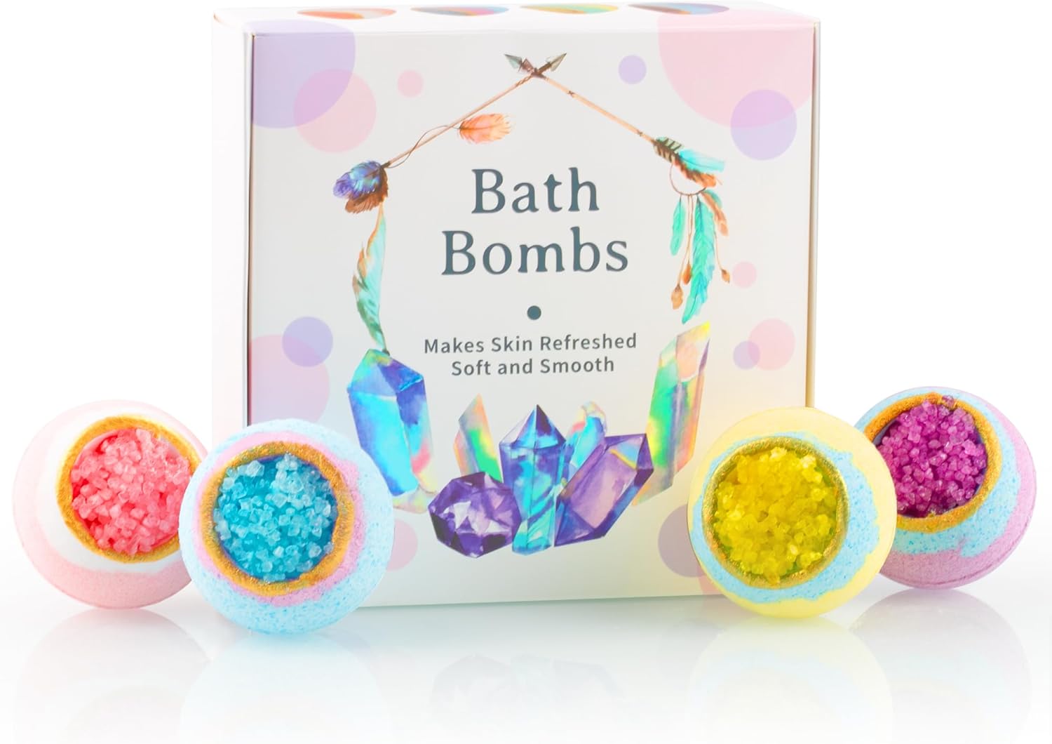 4 Pcs Crystal Sea Salt Bath Bomb Set – Natural Essential Oil Bath Fizzies for Women, Organic Relaxing Bubble Bath, Self-Care Gift Set for Her, Wife, Girlfriend, and Him