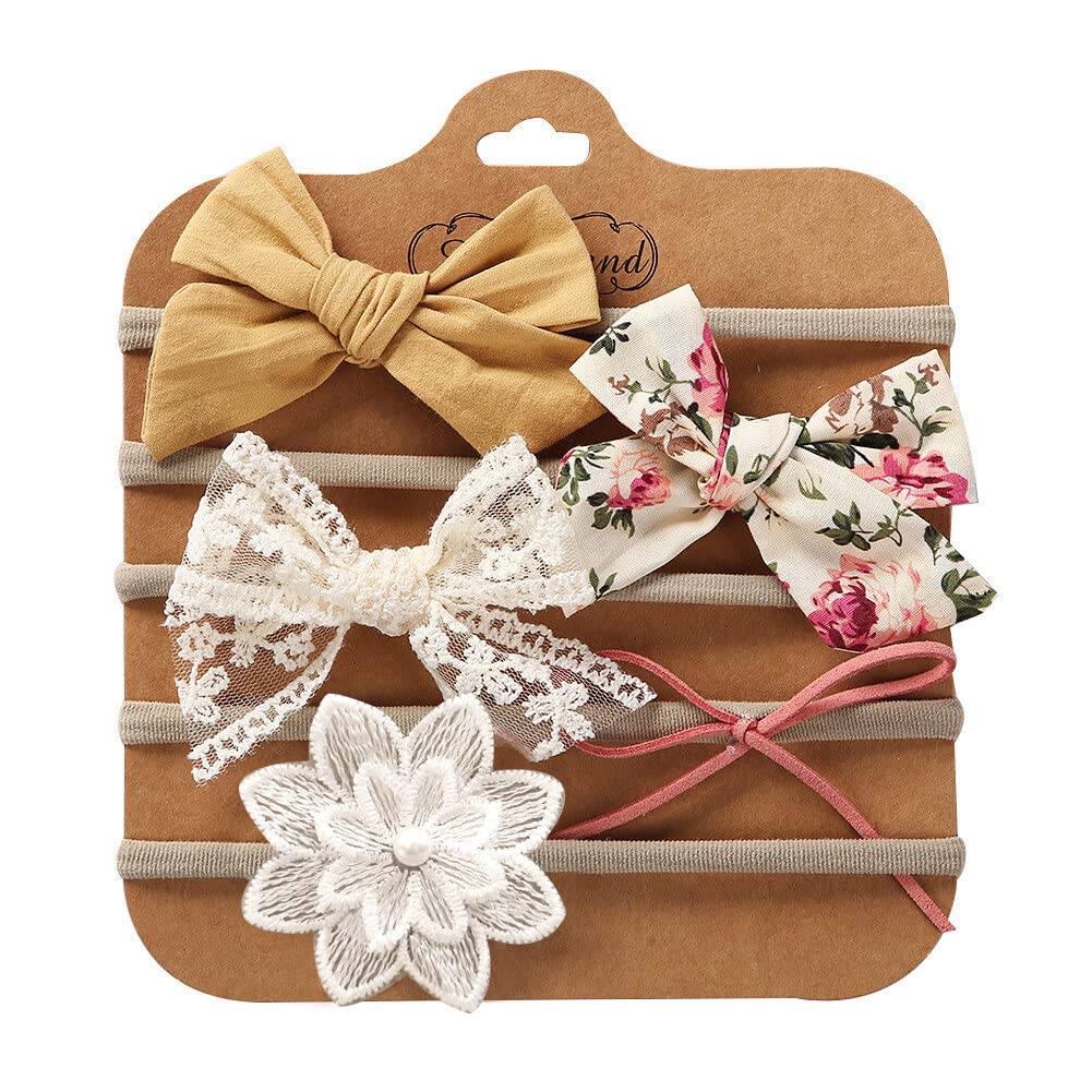 Baby Girls' 5 Pack Spring Summer Soft Elastic Lace Flower Hair Bows Hairbands and Accessories for Newborns, Infants, Toddlers