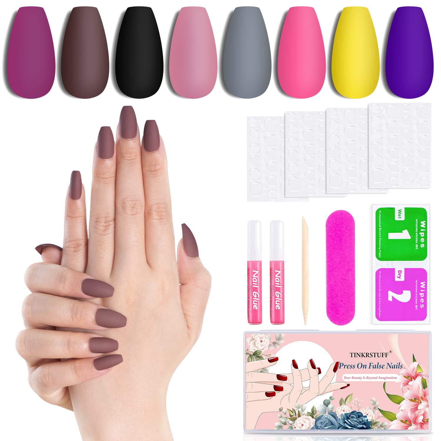 8 Solid Color Matte Short Coffin Press On Nails Pack #5, 192PCS Acrylic Medium Length Ballerina False Nail Art Tips Set for Women with Glue, Adhesive