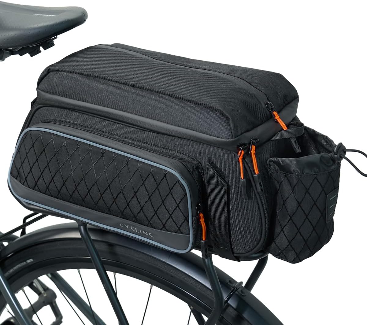 Bike Rack Bag for Bicycle Rear Rack, Water Resistant Bike Saddle Bag, 12L Ebike Bike Bags, Reflective Cycling Pannier Trunk Carrier with Drawstring Bottle Holder for Commuter Travel Outdoor